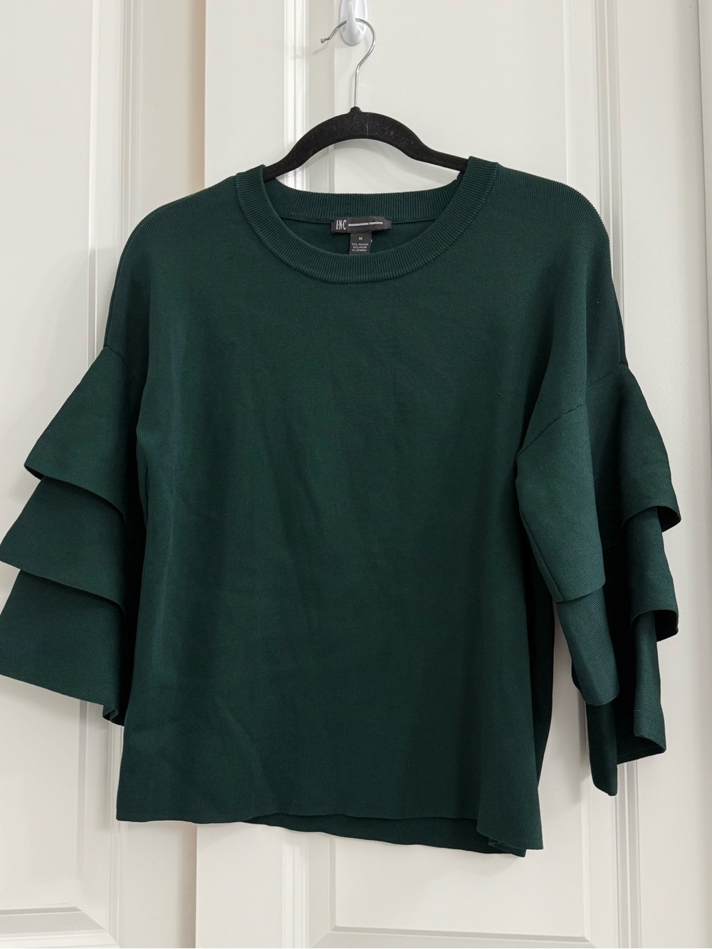Inc International Concepts Womens Green Ribbed Crew Neck Tiered Sleeve Top M